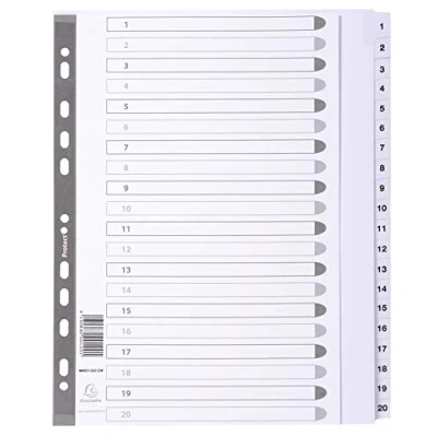 Image de Exacompta Réf. MWD1 20Z EW Intercalaires en carte blanche 160g/m2 FSC® avec 20 onglets imprimés numériques de 1 à et plastifiés Page d&#039;indexation imprimable Format classer A4 maxi