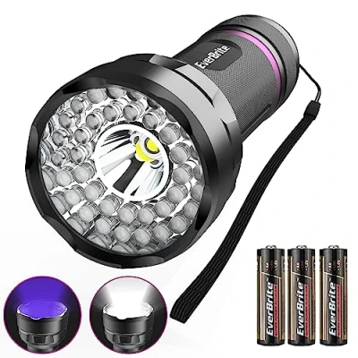 Image de EverBrite Lampe de Poche UV 2 en 1 Torche, Lumière Ultraviolette 395nm et Blanche 300LM, Ultraviolet Détecteur d&#039;urine sèche pour Animaux Chien/Chat, avec 3 piles AA