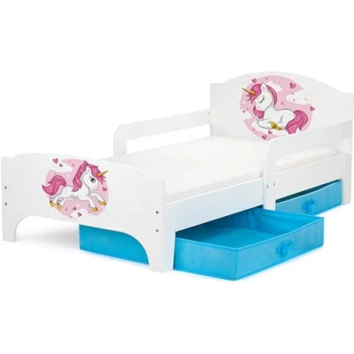 Image de Leomark Smart Moderne Lit d&#039;enfant Toddler 140x70 Blanche Simple avec Un Tiroir, pour Enfant Rangement et Matelas, Tiroir en Textile 2 Pièces