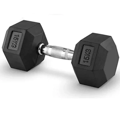 Image de Guidon professionnel de 15 kg, haltère hexagonal caoutchouté avec poignée profilée, poids gym à domicile
