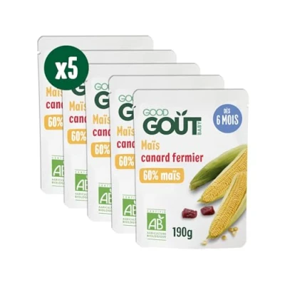 Image de GOOD GOÛT Maïs Et Canard Fermier Pour Bébé Dès 6 mois Purée Fabriqué En France Sachets Micro Ondables 5x190g