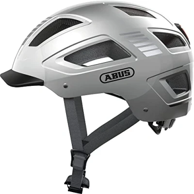 Image de ABUS Casque de vélo lumineux Hyban 2.0 LED lumière avant et arrière &amp; coque rigide robuste pour hommes femmes argent brillant, taille M