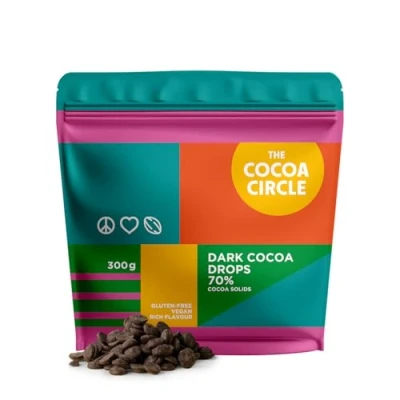 Image de The Cocoa Circle Pépites 70,5% cacao 300 g Du chocolat d&#039;origine unique torréfié à partir de fèves complètes, aux notes fruitées et la saveur moelleuse
