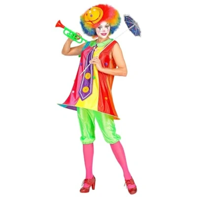 Image de WIDMANN MILANO PARTY FASHION W, Costume de Clown coloré, Robe Multicolore à Rayures, Pompons ludiques, Pantalon Vert Confortable, Taille S ajustée, Entretien Facile, Large Choix d&#039;accessoires