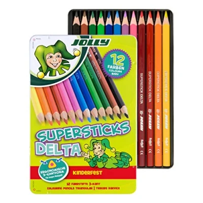 Image de JOLLY Superstick DELTA, Crayons de couleur triangulaires Résistants aux enfants et incassables, non toxiques, 12 pièces dans un étui métallique, produit qualité