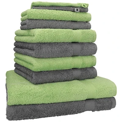 Image de Betz Lot de 10 Serviettes Set 2 draps Bain 4 Toilette d&#039;invités Gants 100% Coton Premium Couleur Vert Pomme, Gris Anthracite