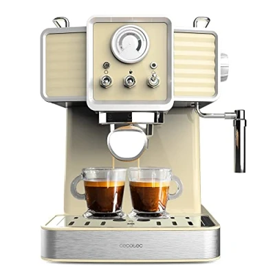 Image de Cecotec Express Power Espresso 20 Tradizionale Light Yellow. 1350 W, et Cappucicno, bars thermoblock, vaporisateur, manomètre, design vintage, capacité 1,5 litres