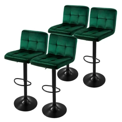 Image de ML Design Lot de 4 Tabourets Bar en Velours, Vert, Chaise Rembourrée avec Dossier et Repose Pieds, Réglable Hauteur 63 83cm, Pivotante à 360, Tabouret Comptoir, Cuisine, Pub, Maison