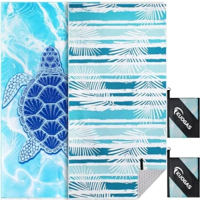 Image de KUOGAS Serviette de Plage XXL 2er Ensemble 90 * 180cm, Grande en Microfibre à SéChage Rapide, Bain sans Sable, Couverture pour Femmes. (Tortue + Feuilles)