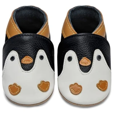 Image de IceUnicorn Chausson Cuir Bébé Bebe Chaussons Souple Fille Garçon Premiers Pas Mignon 0 6 Mois 3 Ans(Pingouin Noir, 18 24 mois)