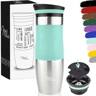 Image de Milu Mug Isotherme Etanche 370ml 450ml I Thermos café thé Tasse Isolée pour et à emporter, Double Paroi sous Vide de voyage Chaud &amp; froid (Turquoise, 450ml)
