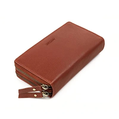Image de KRONIFY Portefeuille pour Femmes Porte Monnaie XXL en Cuir véritable Double Fermeture éclair Grand Protection RFID Compartiment à 29 Compartiments Cartes Marron Rouge