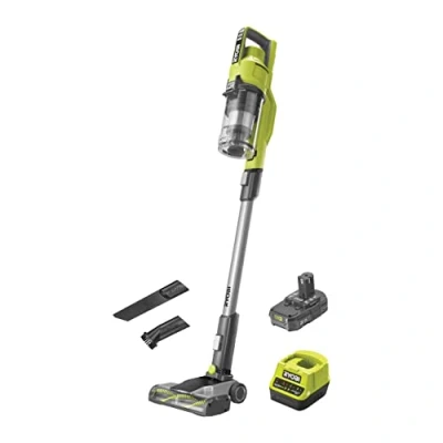 Image de RYOBI Aspirateur balai 18V 60 AW 620 L/min 600 mL Se maintient droit 1 batterie 2Ah chargeur rapide 2,0 A Livré avec brosse motorisée, tête de 24 cm, suceur plat RSV18 120G