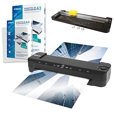 Image de Plastifieuse A3 A4 A5 A6 A7 Pro Ultra Rapide à Chaud et Froid jusqu’à 2x150 microns Température Réglable pour Usage Professionnel Intensif Pack avec 100 pochettes + 1 Rogneuse