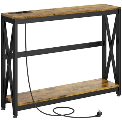 Image de HOMCOM Console Meuble, Table Console, entrée à 2 Niveaux Style Industriel, d&#039;entrée étroite avec Prises de Courant et USB, pour Salon Couloir, 100 x 24 75 cm, Marron