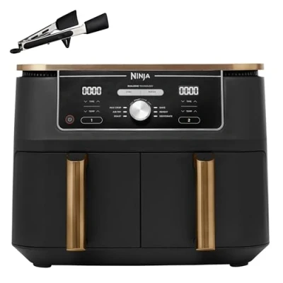 Image de NINJA Foodi Max Dual Zone Air Fryer, 2 Tiroirs, 9,5L, 6 en 1, Sans Huile, Fry, Crisp, Rôtir, Cuire, Paniers Antiadhésifs Lavables Au Lave Vaisselle, Cuivre/Noir Exclusivité Amazon AF400EUCP