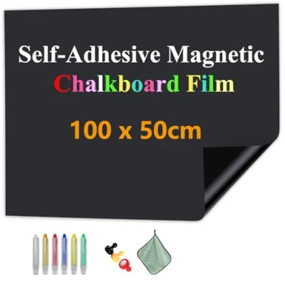 Image de JOMUSAG Tableau Noir Magnetique effaçable Autoadhésif, 100 x 50 cm Papier Noir, Adhesif Autocollant pour la Maison, le Bureau, Etudiants incluent Craie, Chiffon et Aimants