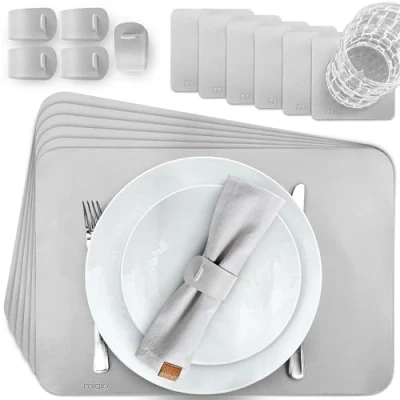 Image de MIQIO Lot de 18 sets table en cuir synthétique Lavables 6 table, dessous verre, ronds serviette Gris Rectangulaires