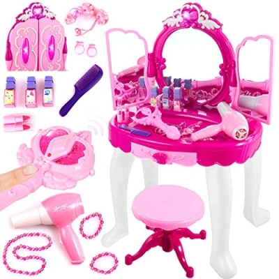 Image de Kinderplay Coiffeuse Enfant, Table de Maquillage Fonction Lumièreavec Tabouret, lumière et Son, Dimensions Enfant Fille 50 x 32 72 cm, KP8846