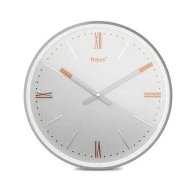Image de Mebus TinyTime 19779 Petite Horloge Murale Radio pilotée avec Chiffres Romains sans Bruit de tic tac Diamètre 25 cm Cadran Classique Gris Clair Boîtier argenté Accents