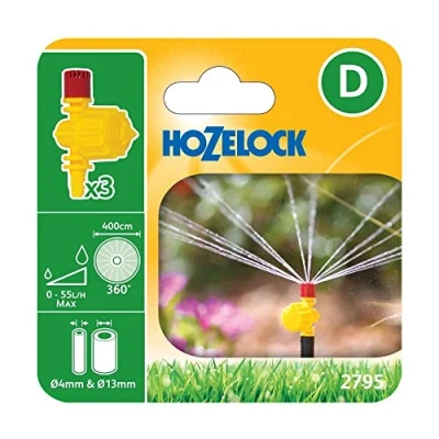 Image de Hozelock Asperseur Micro Irrigation Vari Jets 360 Réglables : Fine Aspersion à sur 200 cm, Débit Réglable (0 55 L/HR), Installation Tuyau en Ligne Ø 13mm / Fin de 4mm [2795P0000]