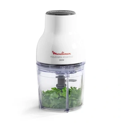 Image de Moulinex Hachoir électrique, 400 ml, 300 W, 4 lames, Fonctions 3 en 1, Emince, Hache, Mixe, Système de pression simple, Moulinette Essential DJ520110, Blanc
