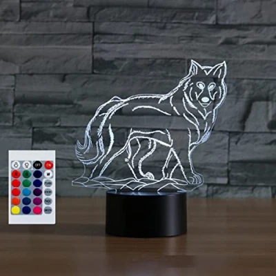 Image de SUPERHONGJIHAO Veilleuse pour enfants 3D Loup LED avec télécommande 16 couleurs changeantes Cadeau de Noël Anniversaire enfant