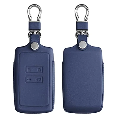 Image de kwmobile Coque Compatible avec Renault Smart Key 4 Bouton (Keyless Go Uniquement) de clé Voiture en Cuir véritable Anneau Porte clés Bleu foncé