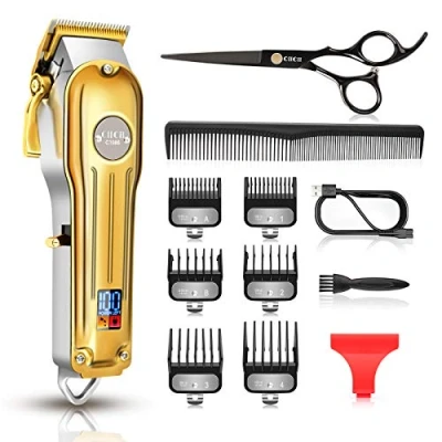 Image de CIICII Tondeuse Cheveux Hommes Professionnel, Professionnelle Sans Fil, de Coupe a Levier (12Pcs Rechargeable/USB/Ajustable/Écran LCD) pour DIY Domicile Coiffeur Doré