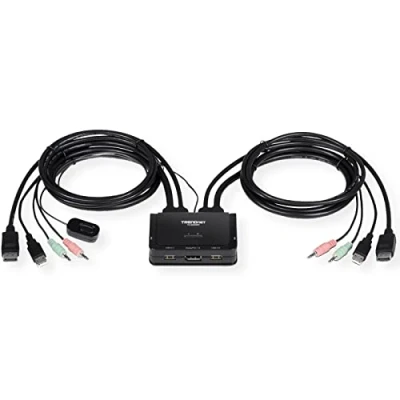Image de TRENDnet TK 220DPI Switch KVM 4K DisplayPort 1.2 2 Ports avec Audio, UHD (3840 x 2160 @ 60Hz), Haut Parleur/Microphone 3,5 mm, USB 2.0, câble intégré