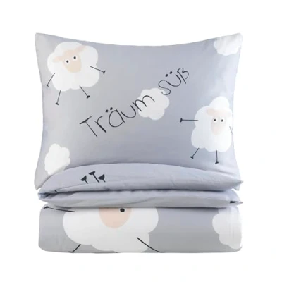 Image de BaSaTex Parure de lit pour bébé et fille 100 x 135 cm + 40 60 % microfibre polyester Fermeture éclair Beaux rêves Moutons nuages Gris/blanc