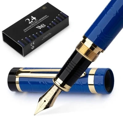 Image de Wordsworth &amp; Black Ensemble de stylos plume Primori [Bleu Or] Pointe fine, étui cadeau, 24 cartouches d&#039;encre, convertisseur recharge, manuel, journal intime, calligraphie, à écriture fluide