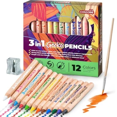 Image de colozoo Crayons de Couleurs enfants 3 en 1 Set 12 avec brosse et taille crayon non toxiques véganes pour les ans plus