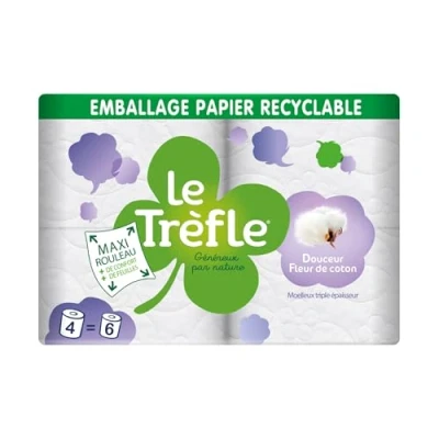Image de Le Trefle Douceur Fleur de coton Papier toilette 4 maxi rouleaux = 6 classiques Lotion aux extraits Emballage recyclable certifié FSC® Mixte