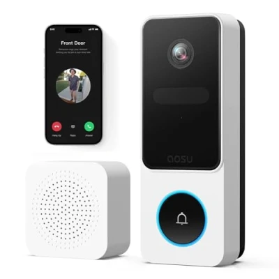 Image de AOSU Sonnette sans Fil avec Caméra,2K FHD Exterieur Etanche, Vue de la Tête aux Pieds, Détection Humaine PIR, 2.4G WiFi, Audio Bidirectionnel, Compatible Alexa