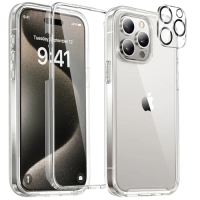 Image de Miracase Coque en Verre pour iPhone 15 Pro Max de 6,7&quot;, arrière Transparente intégrale et Protection d&#039;écran trempé 9H intégrée + Protecteur d&#039;objectif d&#039;appareil Photo (Transparent)