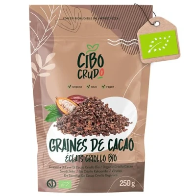 Image de Grué de Cacao Cru Bio 250g. Grue Feves Criollo. Fève non Torréfié Sans Additifs Naturel et Pur. Organic Raw Nibs.