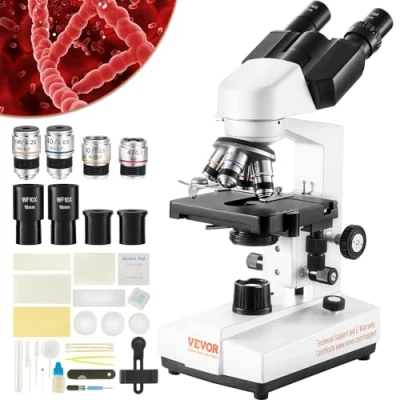 Image de VEVOR binoculaire microscoop 10X, 25X, samengestelde microscoop, lenzen 4X, 40X, 100X, laboratorium gereflecteerd licht vergroting 40 2500, 100 240 V laboratoriummicroscoop