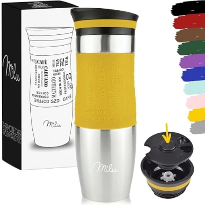 Image de Milu Mug Isotherme Etanche 370ml 450ml Thermos café thé I Tasse Isolée pour et à emporter, Double Paroi sous Vide, Acier Inoxydable de voyage Chaud &amp; froid (Mangue, 450ml)