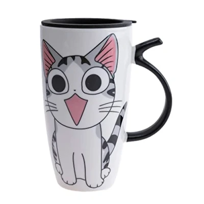 Image de lachineuse Mug Chat Kawaii Happy 600ml Grand XXL Blanc en Porcelaine Japonais à Thé &amp; Café Avec Couvercle Isotherme Lucky Cat Tasse Idée Cadeau Japon Asie Géant
