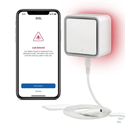 Image de Eve Water Guard Détecteur de fuite d&#039;eau pour maison connectée avec câble détection 2 m, sirène 100 dB et alertes sur iPhone, iPad, Apple Watch (Apple HomeKit), Bluetooth, Thread