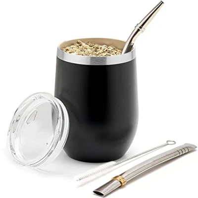 Image de BALIBETOV Kit Calebasse Maté Yerba (Tasse Maté) et Bombilla Acier Inoxydable 18/8 à Double Paroi Comprend Deux Bombillas Une Brosse de Nettoyage (NOIR, 235 ml)