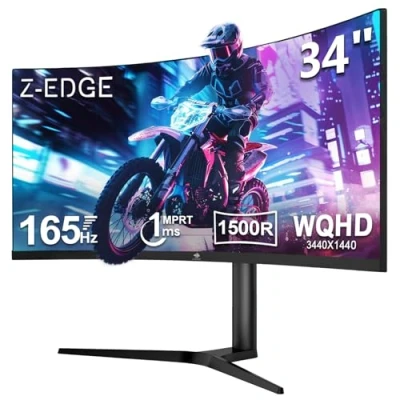 Image de Z Edge Écran PC Gamer Incurvé 34&#039;&#039;, UWQHD(3440x1440), 165 Hz, 1ms MPRT, Moniteur Ultrawide 21:9 Avec DP Câble, AMD FreeSync, Hauteur Réglable, 1500R, 300cd/m², 2*HDMI2.0&amp; 2*DP1.4, RGB, VESA 100*100mm