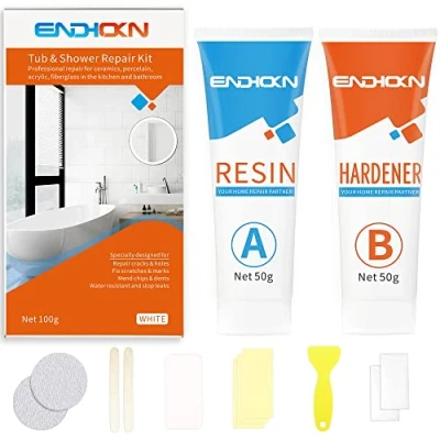 Image de Kit Réparation Baignoire Acrylique Blanc, Endhokn Email Porcelaine de Lavabo Carrelage Receveur Douche Resine des Fissures Perforations Éraflures (100g)