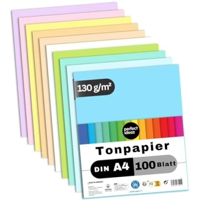 Image de perfect ideaz 100 Feuilles de Cartonette pastel DIN A4, Papier à dessin, teinté dans la masse, en 10 coloris différents, grammage 130 g/m², bricolage d&#039;excellente qualité