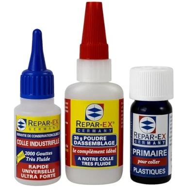 Image de BRICOLAGEPRO Lot de Colle Professionnelle Repar ex 20g, Poudre d&#039;Assemblage 30g et Primaire d&#039;Accrochage 10ml Tous Supports