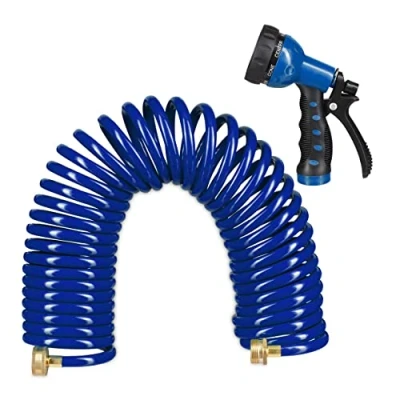 Image de Relaxdays Tuyau d’arrosage Spirale, Long Jusqu’à 10 m, d’Eau Flexible avec Pistolet, réglable 7 Modes, Bleu 25x52x15cm