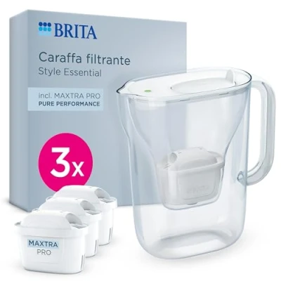 Image de Brita filtre à eau style essentiel, blanc (2,4 l) avec 3 cartouches Maxtra Pro Pure Performance Carafe adaptée au réfrigérateur LED intelligente et couvercle rabat, les impuretés