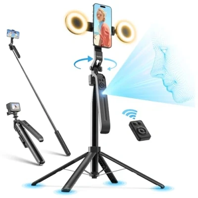 Image de Jeebel Trépied à Suivi Automatique du Visage 180cm Perches Selfie Extensible avec Lumière LED/Commande Gestuelle/NO App/360 Rotatif Stabilisateur de Cardan pour Téléphone DSLR Vidéo Live Vlog