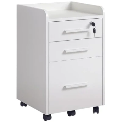 Image de HOMCOM Caisson de Bureau Rangement sur roulettes 3 tiroirs 1 verrouillable trieur dossiers MDF Panneaux Particules Blanc
